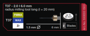 T37-1.5|6.0 MM RADIUS MILLING TOOL TORIC L=20MM PMMA/WAX/ZR 